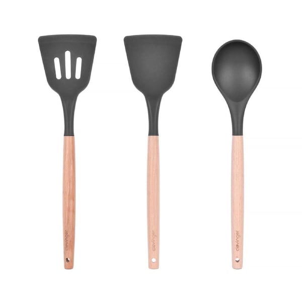 Beechwood & Silicone Kitchen Cooking Utensils Set - Turner/Spoon/Slotted Turner - Charcoal