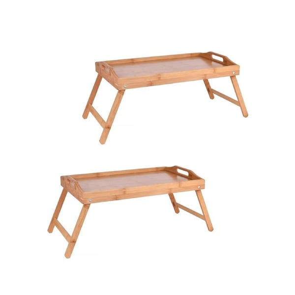 2 Pcs Foldable Bamboo Breakfast Bed Tray – Portable Lap Table with Handles