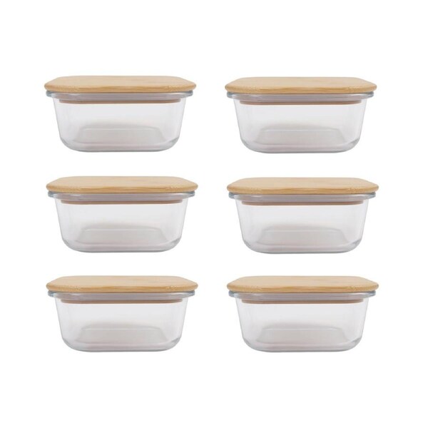6 Pcs Large Bamboo Food Containers – Clear Glass with Bamboo Lids
