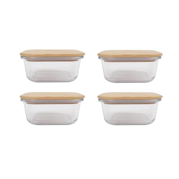 4 Pcs Large Bamboo Food Containers – Clear Glass with Bamboo Lids