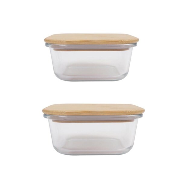 2 Pcs Bamboo-Cover Food Containers – Medium & Large, Clear Glass, Plastic-Free