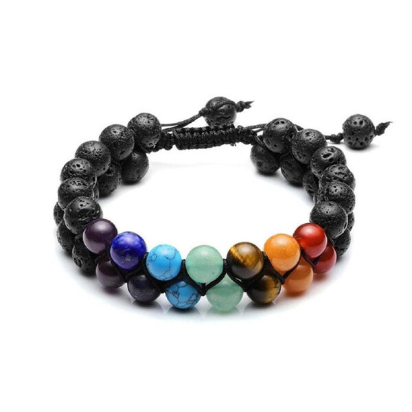 Nevenka Bead Bracelet 7 Chakras Healing Crystals Bracelet Stone Beads Double Layer Bracelets-Lava Rock Stone Bracelet