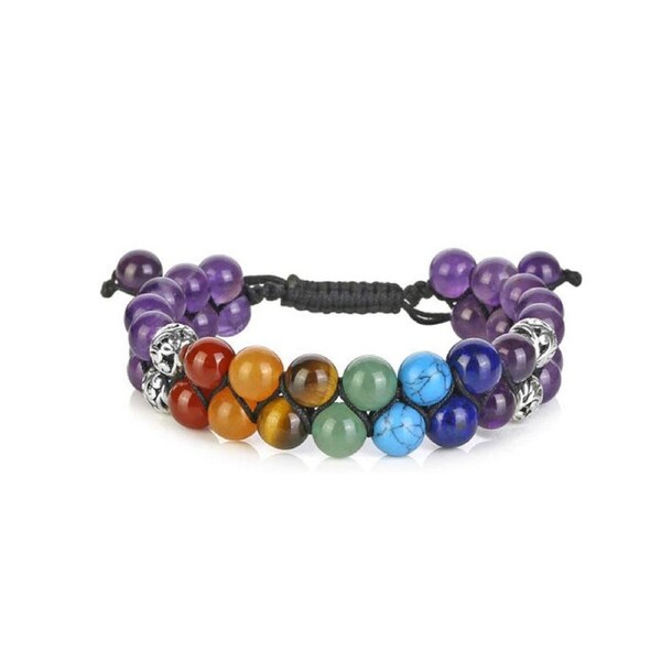 Nevenka Bead Bracelet 7 Chakras Healing Crystals Bracelet Stone Beads Double Layer Bracelets-Purple