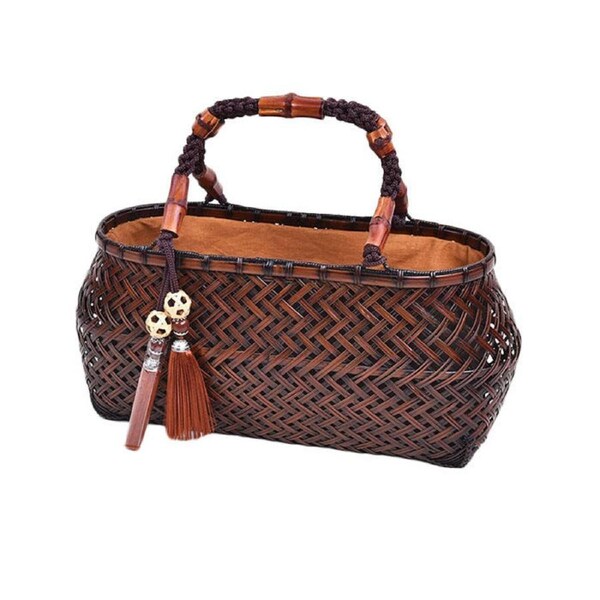 Nevenka Retro Womens Bamboo Handbag Handmade Large Tote Bag Wicker Basket Bag With Ornaments