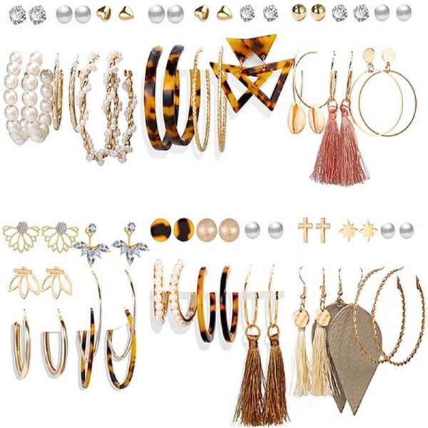 Nevenka 36 Pairs Fashion Tassel Earrings Set Bohemian Hoop Stud Drop Dangle Earrings Leather Leaf Earrings-A set