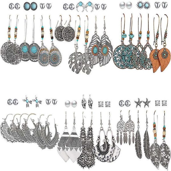 Nevenka 36 Pairs Fashion Hollow Drop Dangle Earrings Set Bohemian National Style Eardrop With Bronze-Silver Series