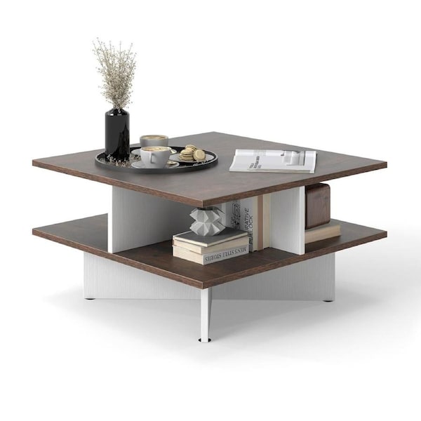 Costway 2-Tier Square Coffee Table Center Table Modern Farmhouse Accent Table w/Storage Shelf
