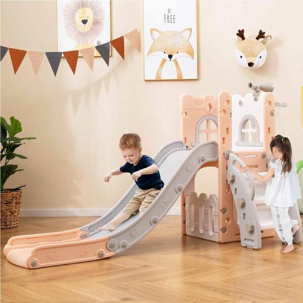 Costway 6 in 1 Slide Set w/Basketball Hoop Indoor Outdoor Playground Toy Playset Activity Center Pink