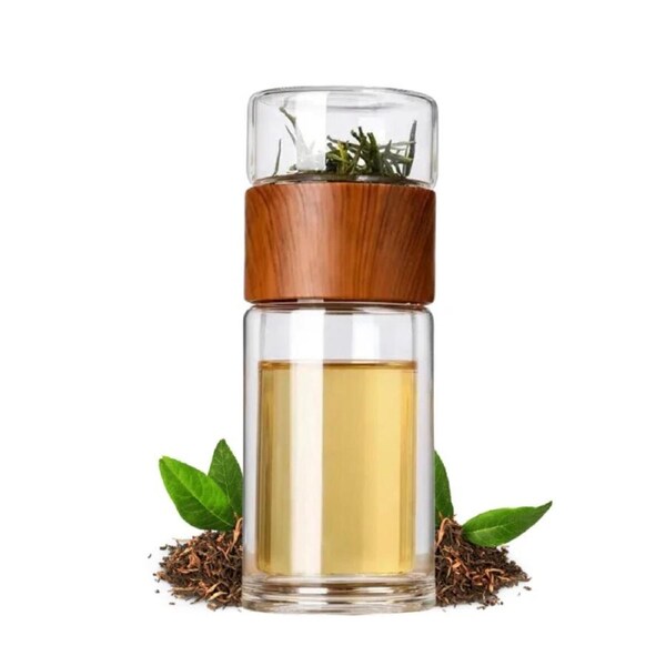 Double Wall Glass Tea Infuser Bottle 300ml Leak-Proof Travel Tea Maker for Hot & Cold Brew