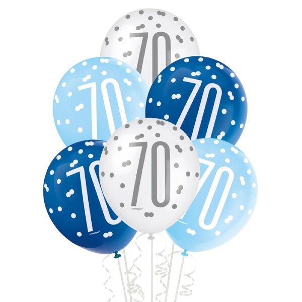Blue & White Assorted 70th Birthday Balloons (Pack of 6)