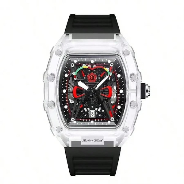 Sport Watch - Transparent Case, Luminous Display, Silicone Band, Calendar Feature-Black