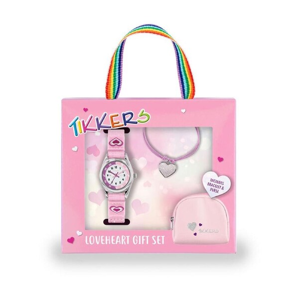 Tikkers Pink Heart Dial Watch, Straps, Purse & Necklace Gift Set - Pink