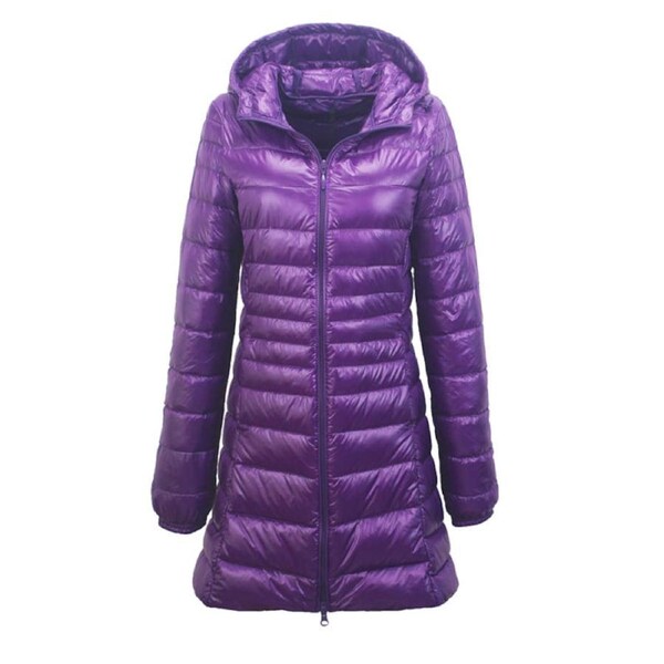 Nevenka Womens Lightweight Puffer Jacket Hooded Winter Mid Length Coat-Purple L