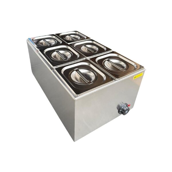 13L Commercial Electric Bain Marie 6-Pan Food Warmer - Stainless Steel - 6 Tubs & Lids