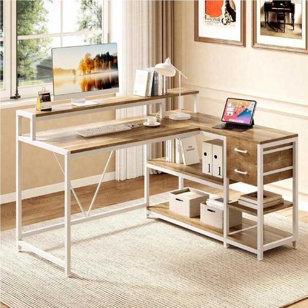 OAKORY 140cm L-Shaped Gaming Desk Reversible Writing Desk with 2 Drawers, Monitor Stand & Storage Shelves, Oak Home Office Computer Desk