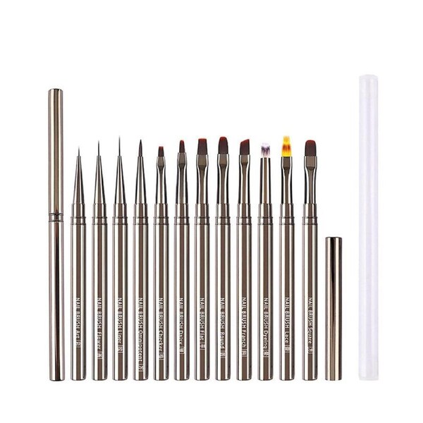 Beakey 12Pcs Nail Art Brushes Set Metal Handle Single PVC Tube Package for Salon Home Use