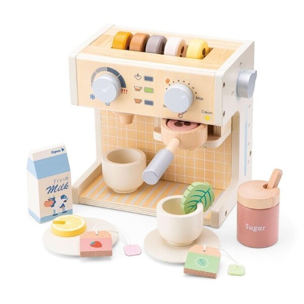 New Classic Toys Wooden Cafe Coffee Machine Toy Set Pretend Barista Playset with Accessories