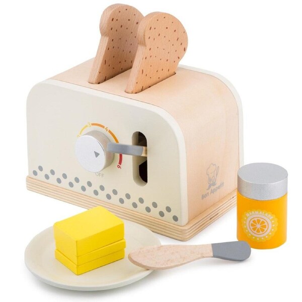 New Classic Toys Wooden Pop-Up Toaster Role Play Set with Toast, Butter, Jam and Plate Kitchen Pretend Toy