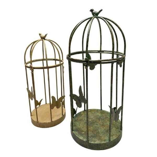 Willow & Silk Set/2 Nested Distressed Finish Plant Cages w/Butterflies 36x36x79cm/30x30x69cm