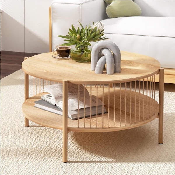 2 Tier Artiss Coffee Table Storage Side Table Bedside Round Wood