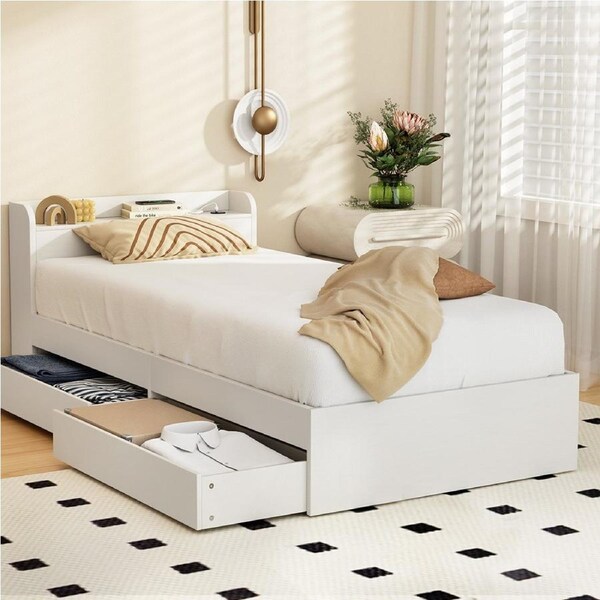 Artiss Wooden Bed Frame Single with Charging Ports and 2 Drawers Solid Platform Bed Base for Guest Room