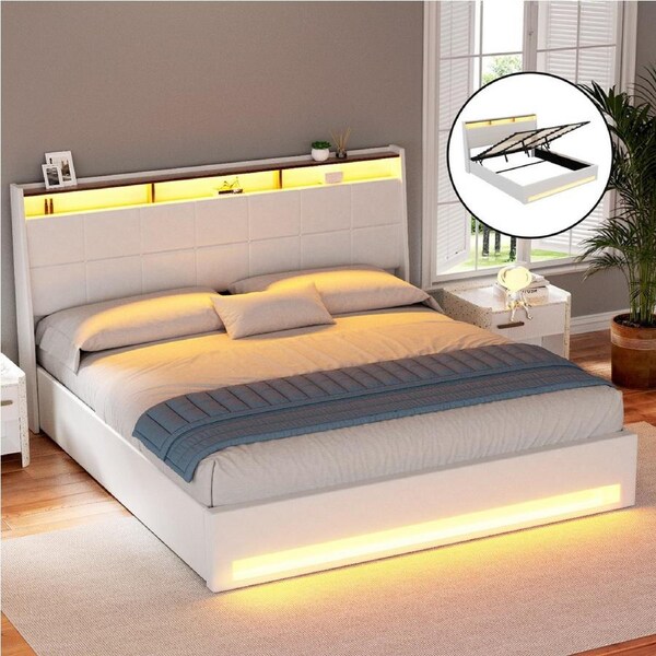 Artiss Bed Frame Gas Lift LED Beds Base Platform White PVC Leather Storage Headboard - King