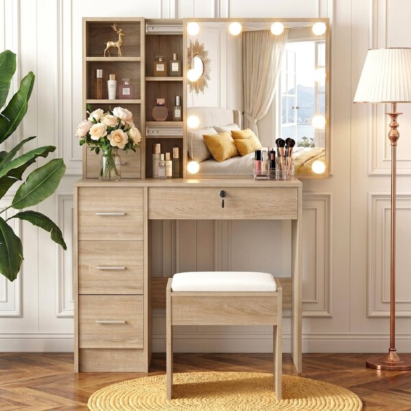 Artiss Dressing Table 10 LED Bulbs Stool Set Vanity Desk Makeup Mirror Storage Shelf 5 Drawers Wood