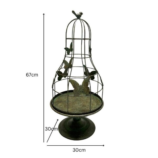 Willow & Silk Distressed Green Footed Cloche w/Butterflies 30x30x67cm