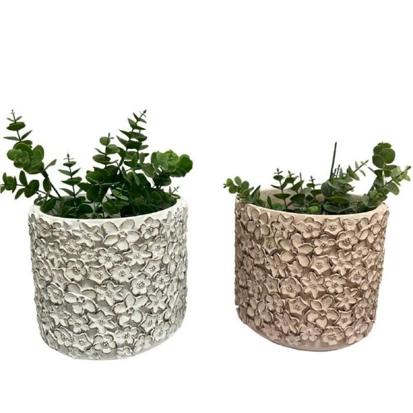 Willow & Silk Set/2 Asst Flower Embossed Planters w/Hole+Plug 18x18x16cm