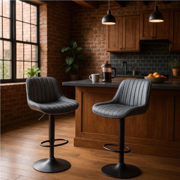 Urban Style Frank Bar Stools Gas Lift Black Metal Grey PU Pair