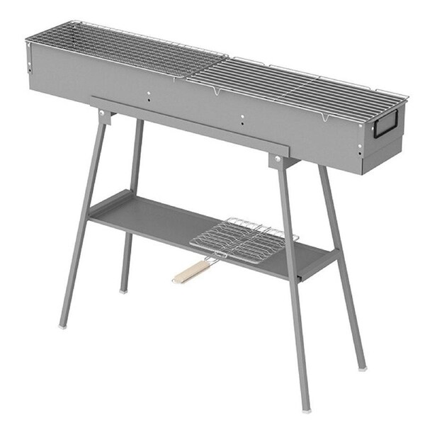 Portable Charcoal Grill Rectangular Folding Stainless Steel BBQ Grill L100xW18cm For Skewer and Kebabs with Storage Shelf Outdoor Camping Patio Cooking