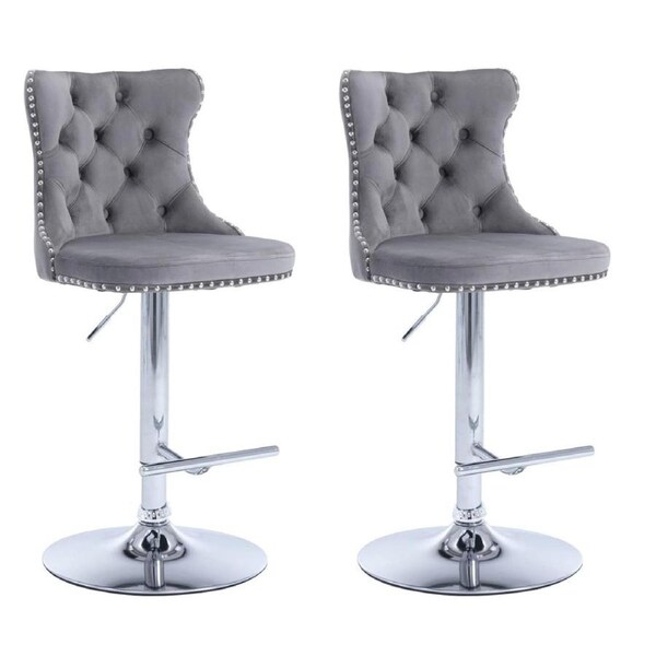 SERENITà Gray Velvet Bar Stools Adjustable Swivel Counter Height Chairs with Tufted Back and Nailhead Trim for Kitchen Island Pub Restaurant (2Pcs, Chrome Metal)