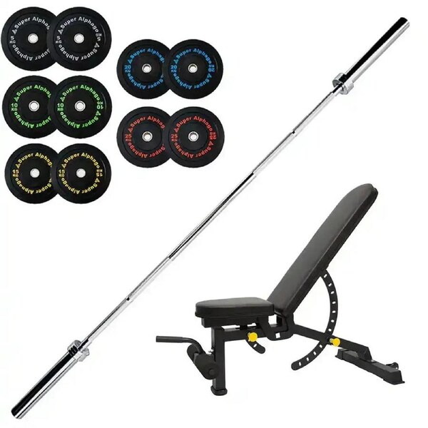 150kg Olympic Bumper Plates (5-25kg) + 20kg Barbell + Bench
