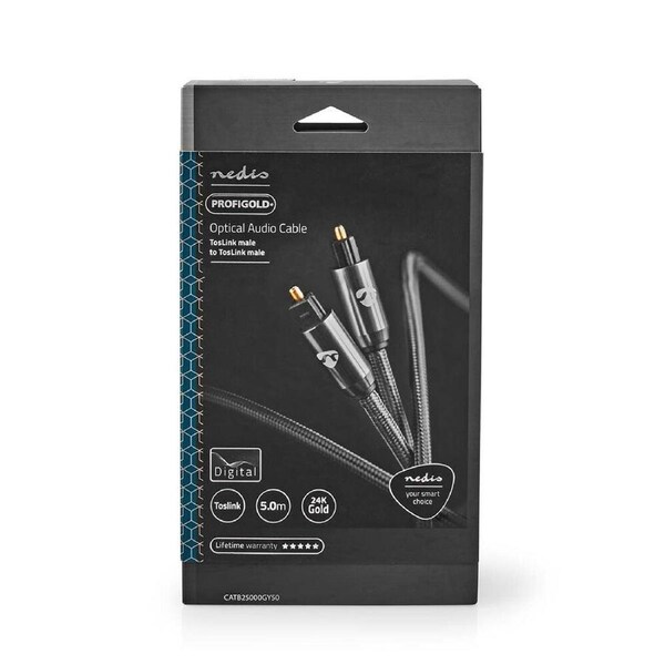 Nedis Optical Audio Cable TosLink Male Braided Nylon Fiber Optic Cable 3m Grey