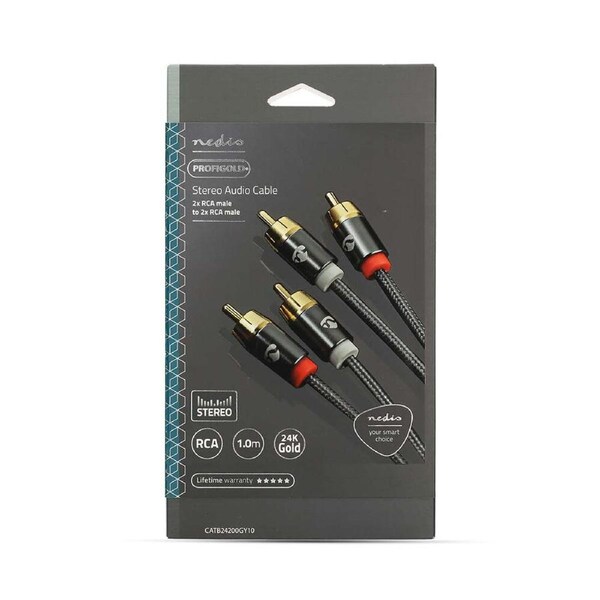 Nedis Stereo RCA Braided Nylon Audio Cable Male to Male Stereo Cable 1m Grey