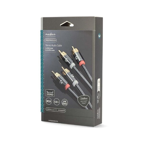 Nedis Stereo RCA Braided Nylon Audio Cable Male to Male Stereo Cable 5m Grey