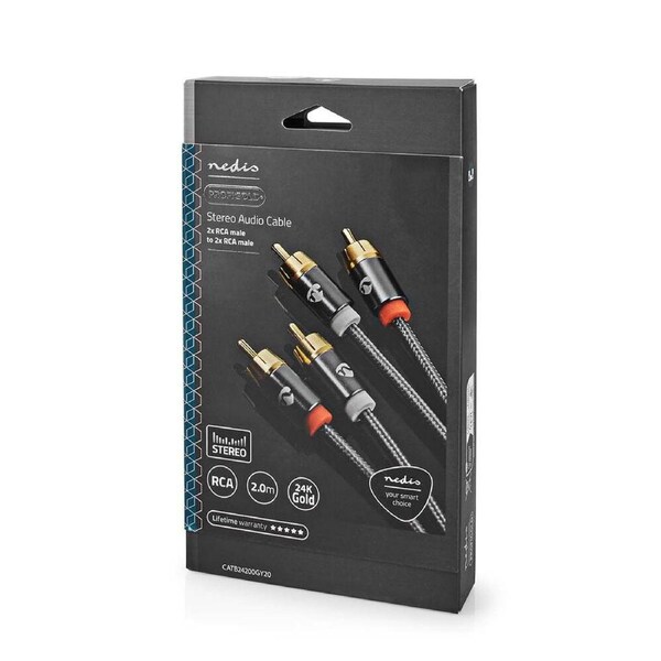 Nedis Stereo RCA Braided Nylon Audio Cable Male to Male Stereo Cable 2m Grey