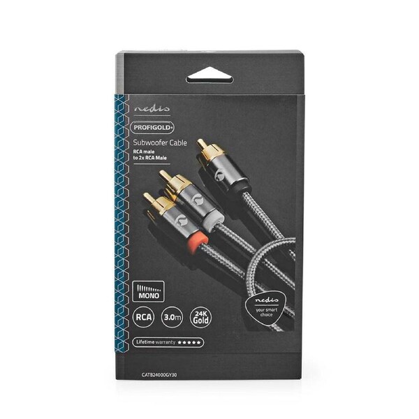 Nedis Subwoofer Braided Nylon Cable RCA Male to 2x RCA Male Audio Cable 3m Grey