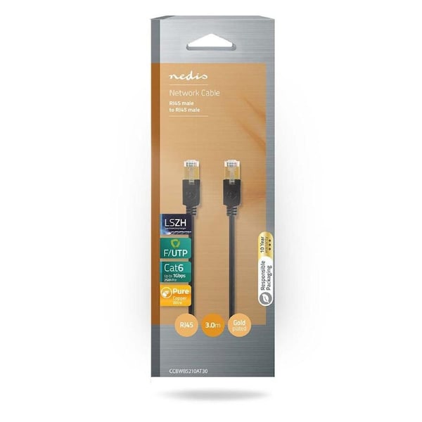 Nedis CAT6 Network Patch Round Metal RJ45 Connector Audio Cable 3m - Black