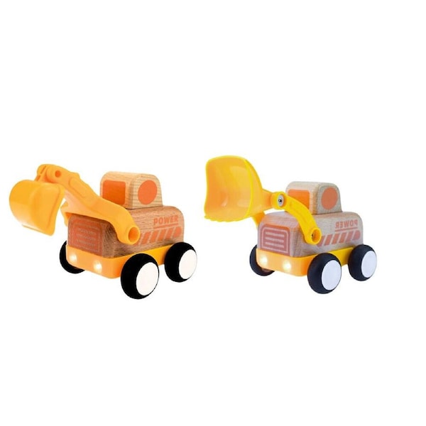 Wanborns Wooden Friction Digger & Bulldozer Truck w/ Sounds and Lights 18m+