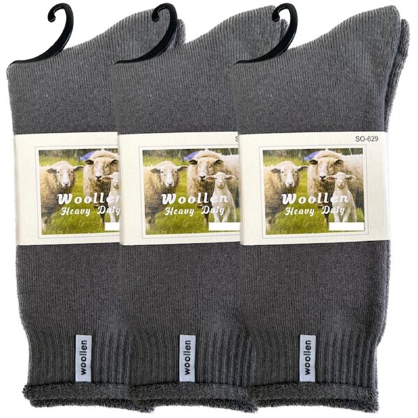 3 Pairs Premium Mens Wool Heavy Duty Thick Work Socks Cushion Woolen - Grey 7-11