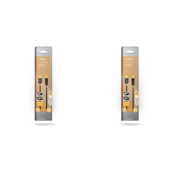 2PK Nedis USB Cable USB-A Male to USB-B Male Data Transfer USB Cable 1.00m Grey