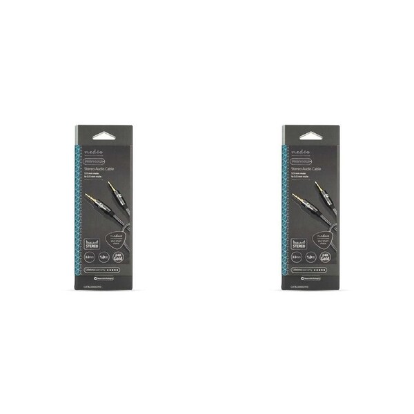 2PK Nedis Stereo Audio Braided Nylon Cable AUX Hi-Fi Stereo Cable 3.5mm 1m Grey