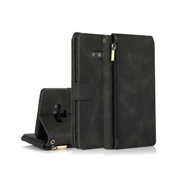 For Samsung Galaxy Note 9 Case, Leather Zipper Purse Flip Cover Case with Card Slot Holder Wrist Strap Lanyard (Black)
