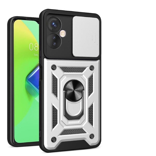 case For Tecno Spark 9 Pro Slide Camera Lens Protection and Built in 360 Rotatable Ring Holder - Silver