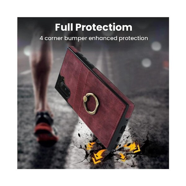 Full Protection Cover for Samsung Galaxy Note 10, 2 Cards PU Leather Case with Ring Holder - Dark Red