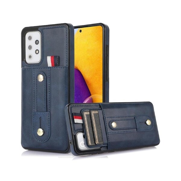 Hidden Card Slot Case for Samsung Galaxy A33 5G, with Leather Loop Strap - Dark Blue