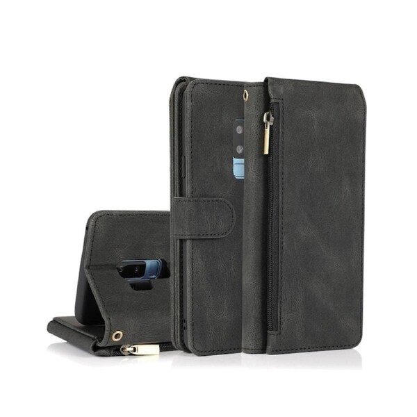 For Samsung Galaxy S9 Plus Case, Leather Zipper Purse Flip Cover Case with Card Slot Holder Wrist Strap Lanyard (Black)