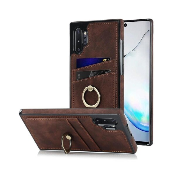 Full Protection Cover for Samsung Galaxy Note 10 Plus, 2 Cards PU Leather Case with Ring Holder - Brown