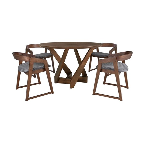 Mattia 5pc 120cm Round Dining Table Set Grey Fabric Seat Chair Walnut